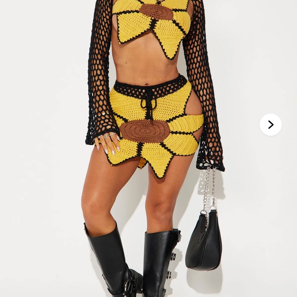 Fashion Nova Yellow and Black Crochet Skirt Set